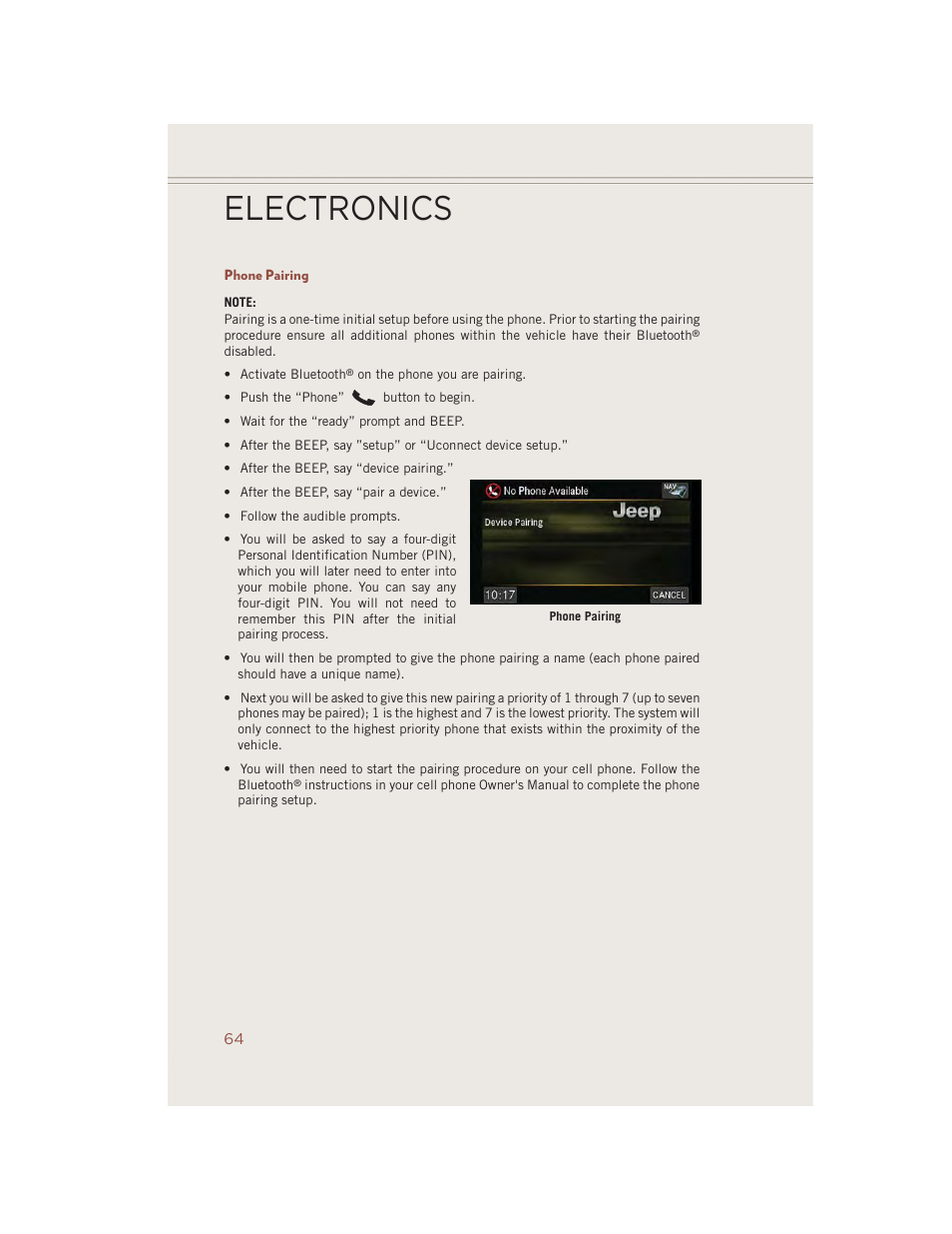 Phone pairing, Electronics | Jeep 2014 Compass - User Guide User Manual | Page 66 / 124