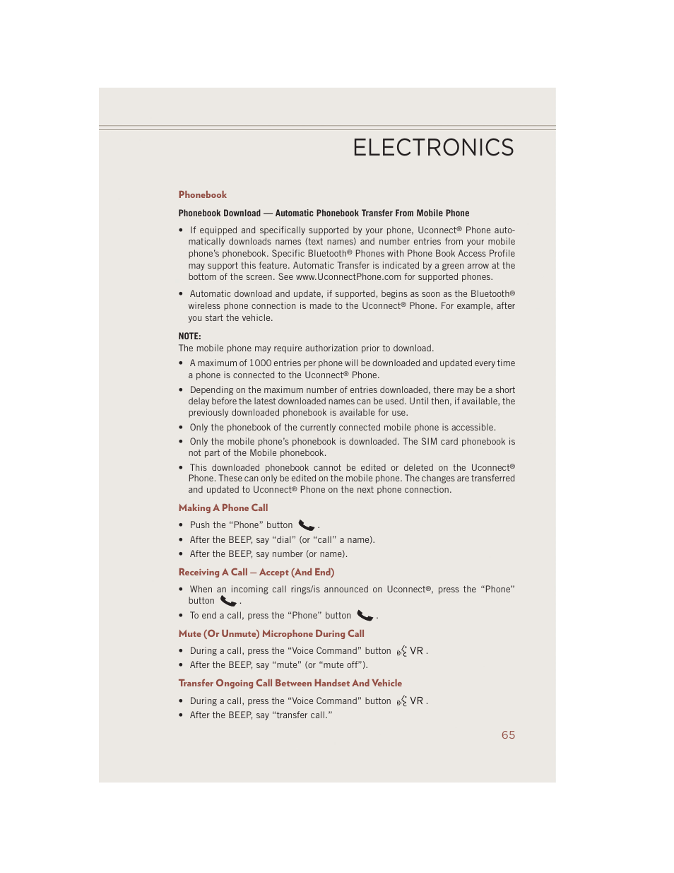 Phonebook, Making a phone call, Receiving a call — accept (and end) | Mute (or unmute) microphone during call, Transfer ongoing call between handset and vehicle, Electronics | Jeep 2014 Compass - User Guide User Manual | Page 67 / 124