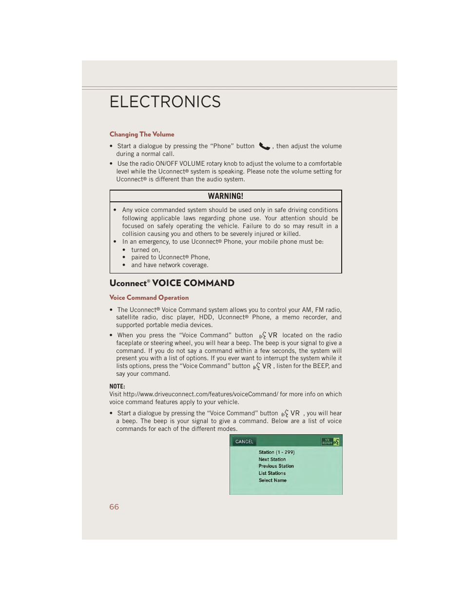 Changing the volume, Uconnect® voice command, Voice command operation | Uconnect, Voice command, Electronics, Warning | Jeep 2014 Compass - User Guide User Manual | Page 68 / 124