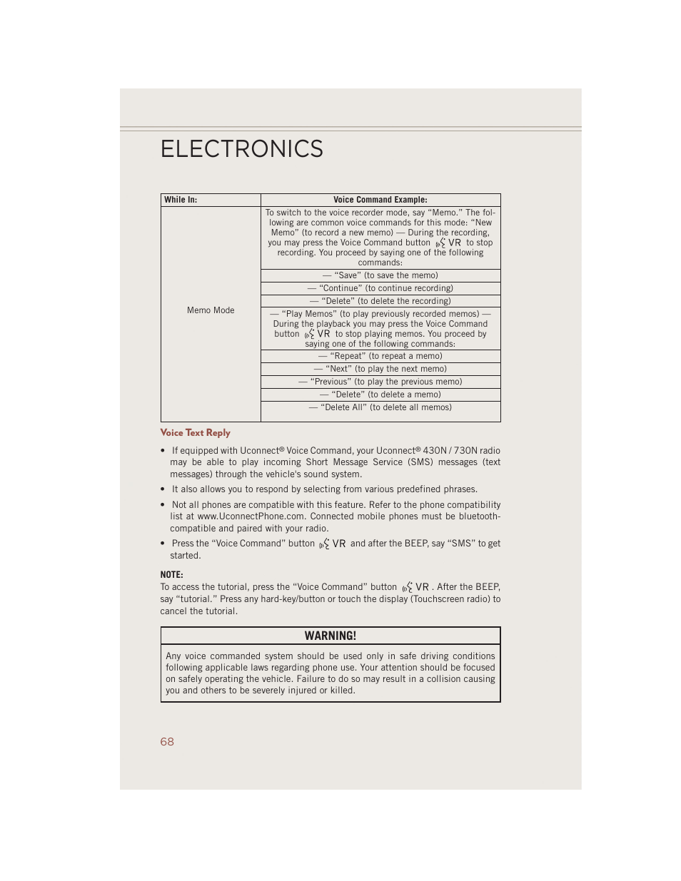 Voice text reply, Electronics, Warning | Jeep 2014 Compass - User Guide User Manual | Page 70 / 124