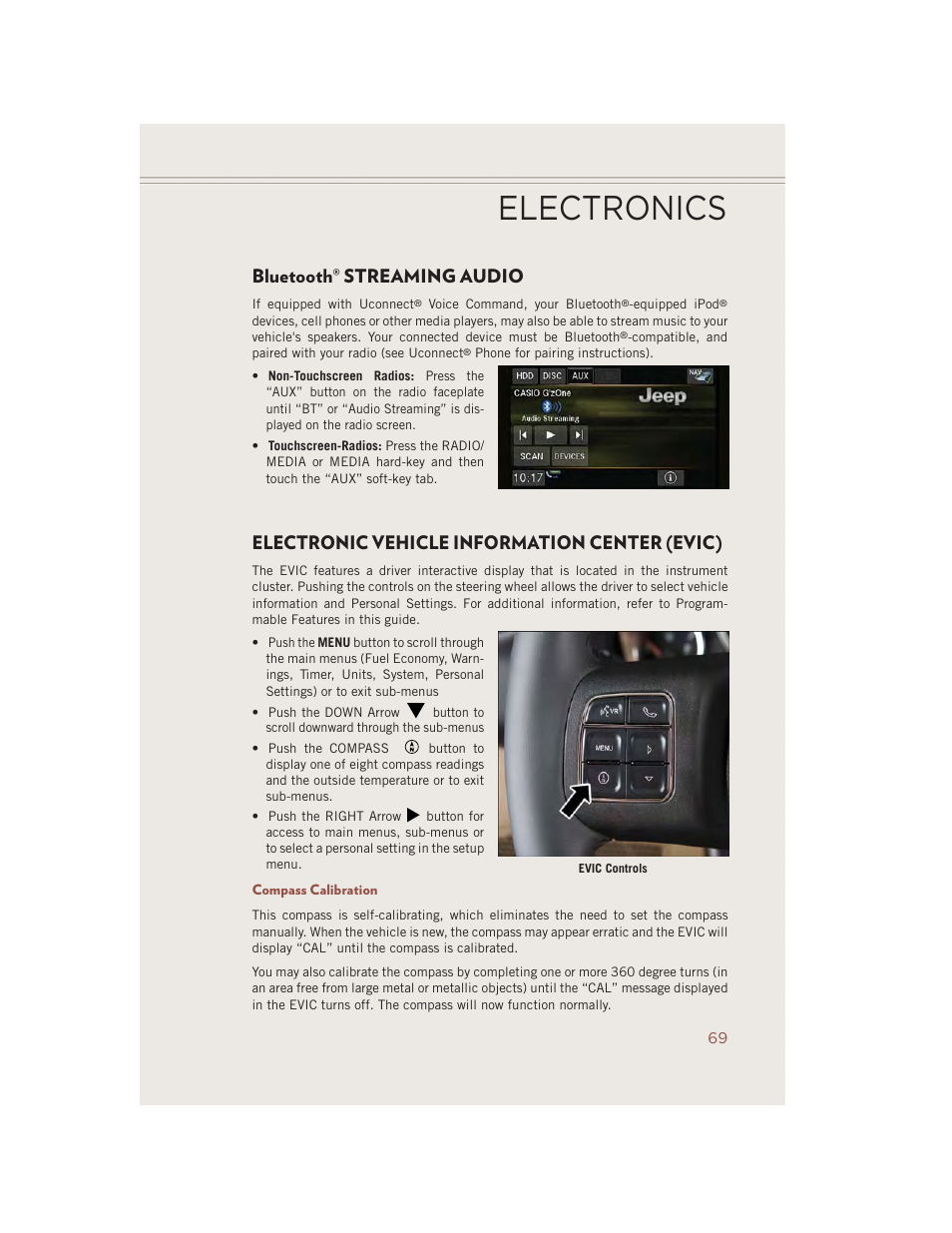 Bluetooth® streaming audio, Electronic vehicle information center (evic), Compass calibration | Bluetooth, Streaming audio, Electronics | Jeep 2014 Compass - User Guide User Manual | Page 71 / 124