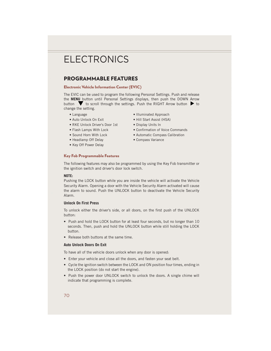 Programmable features, Electronic vehicle information center (evic), Key fob programmable features | Electronics | Jeep 2014 Compass - User Guide User Manual | Page 72 / 124