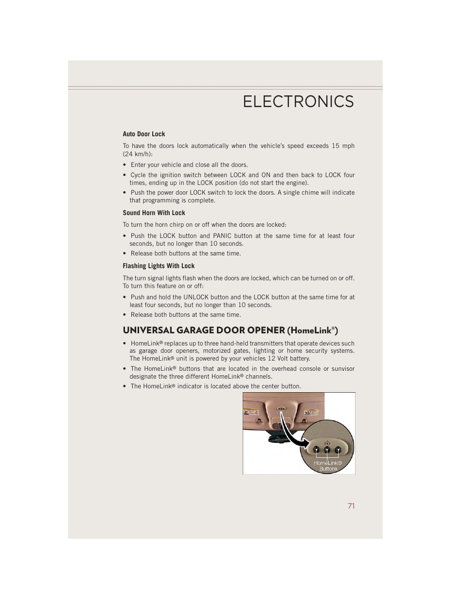 Universal garage door opener (homelink®), Universal garage door opener (homelink, Electronics | Jeep 2014 Compass - User Guide User Manual | Page 73 / 124