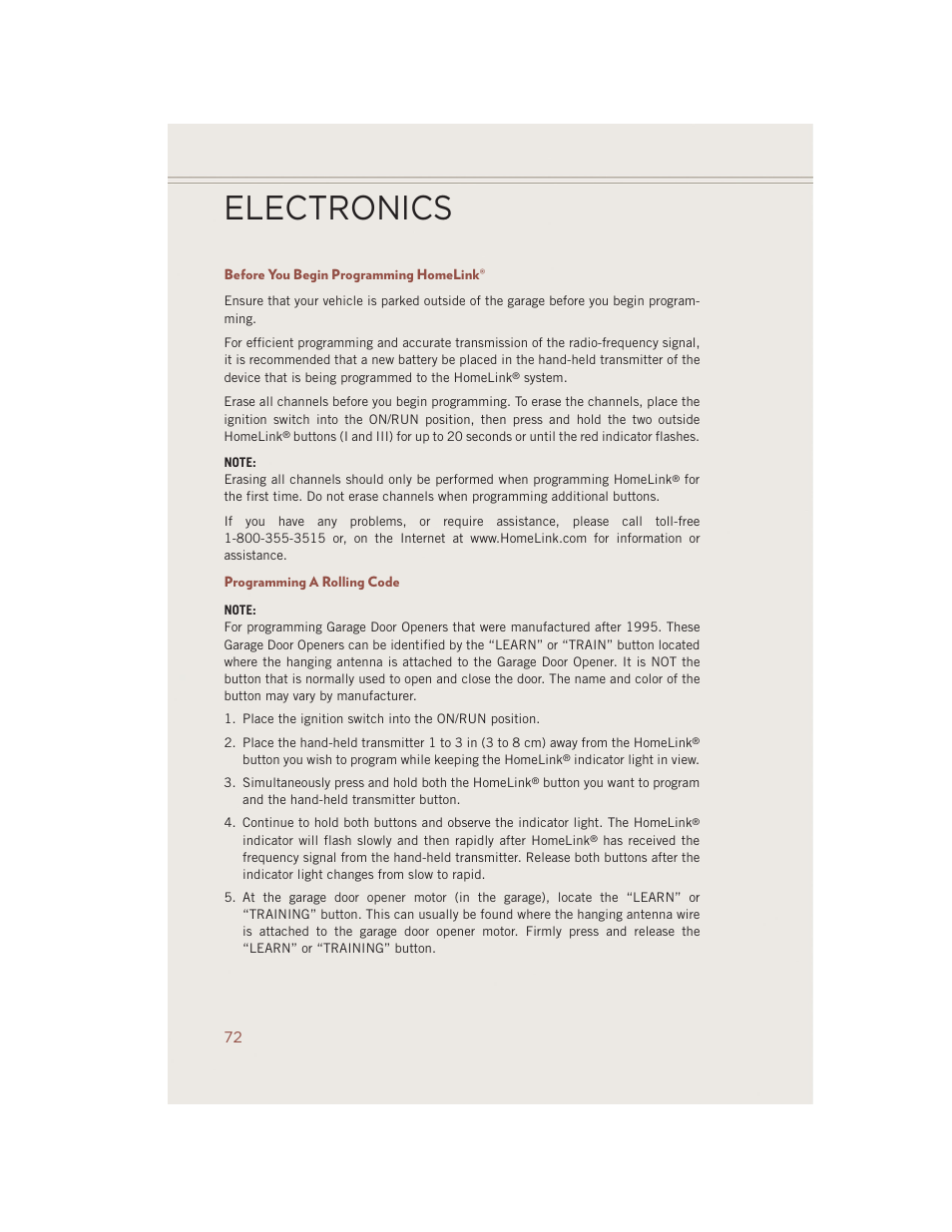 Before you begin programming homelink, Programming a rolling code, Electronics | Jeep 2014 Compass - User Guide User Manual | Page 74 / 124