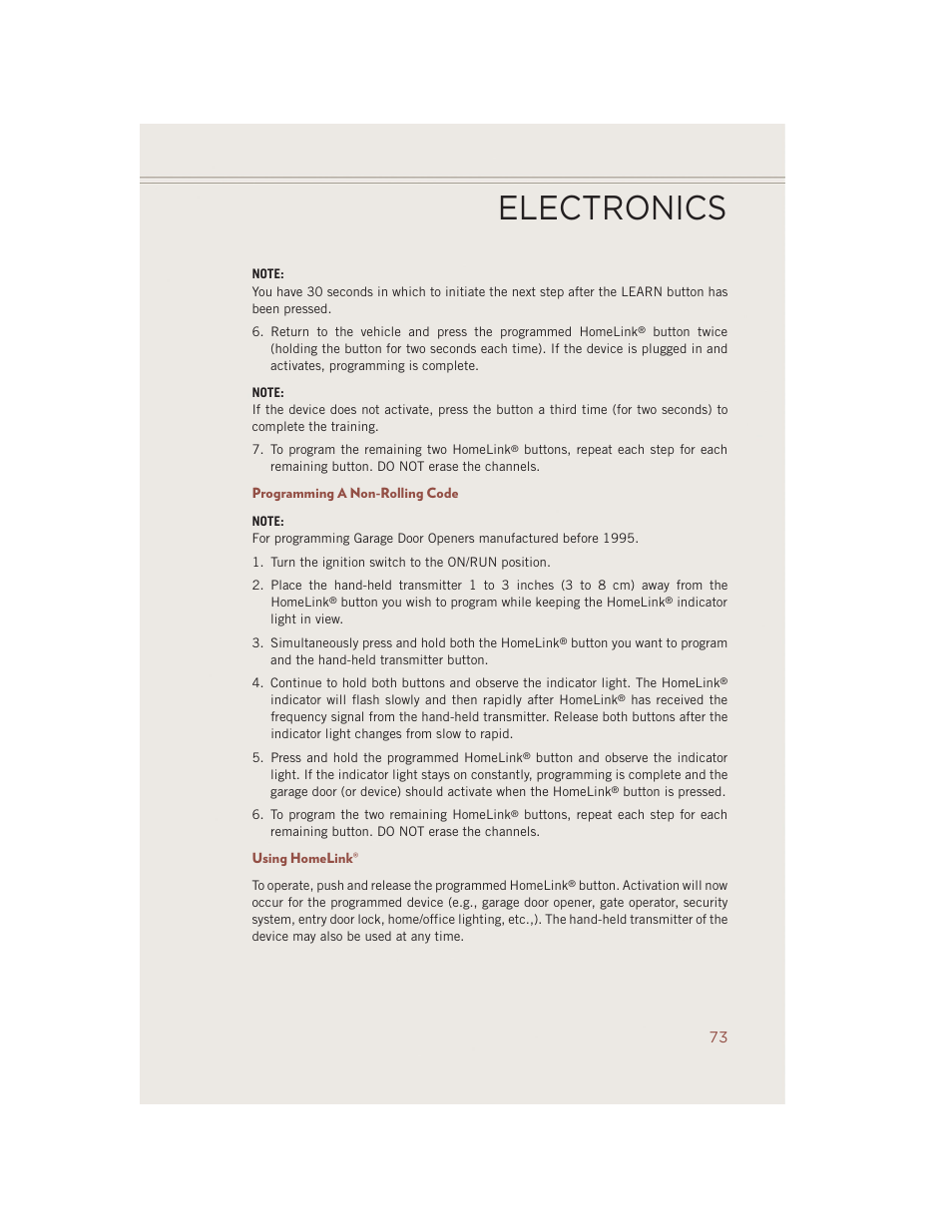 Programming a non-rolling code, Using homelink, Electronics | Jeep 2014 Compass - User Guide User Manual | Page 75 / 124