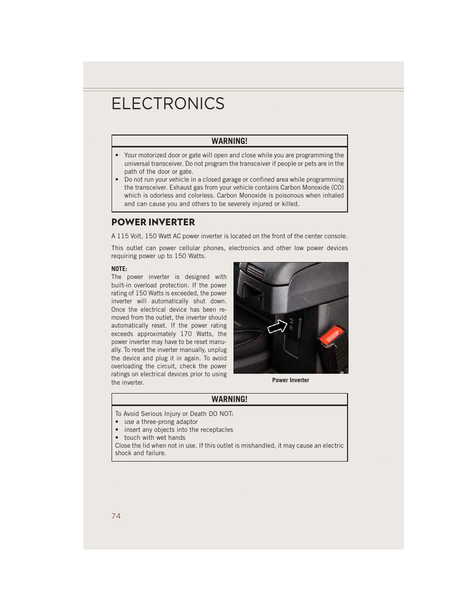 Power inverter, Electronics | Jeep 2014 Compass - User Guide User Manual | Page 76 / 124