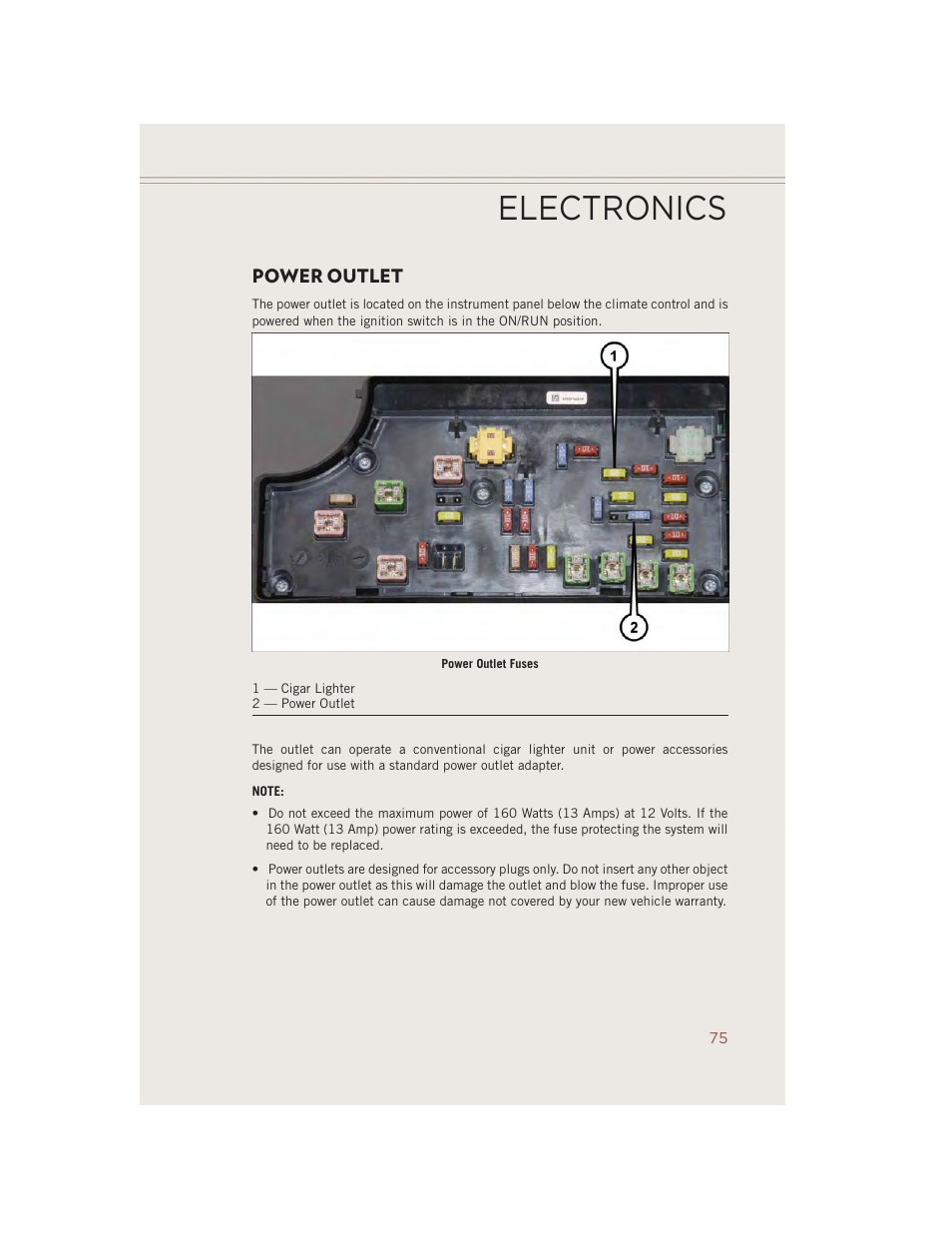 Power outlet, Electronics | Jeep 2014 Compass - User Guide User Manual | Page 77 / 124