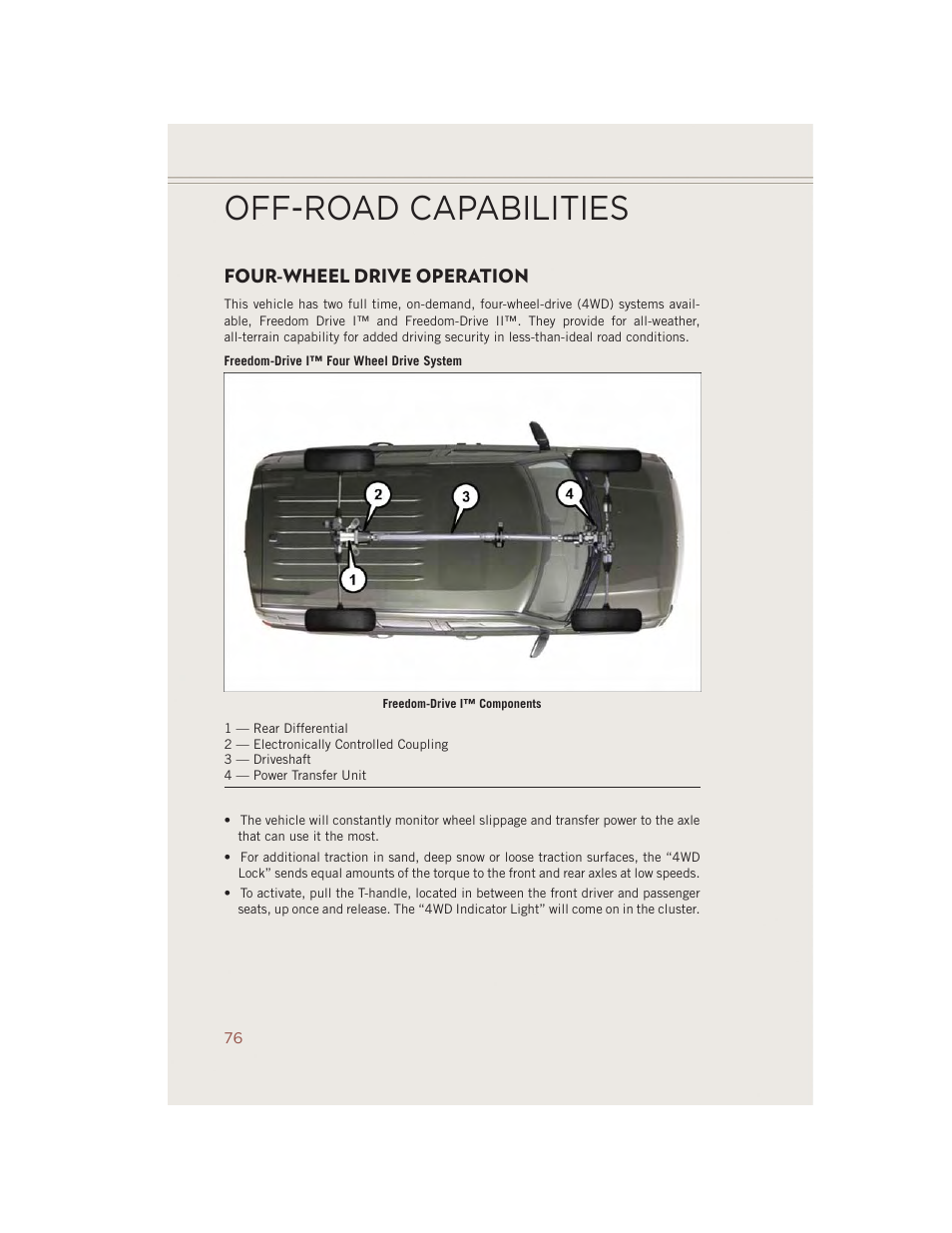 Off-road capabilities, Four-wheel drive operation | Jeep 2014 Compass - User Guide User Manual | Page 78 / 124