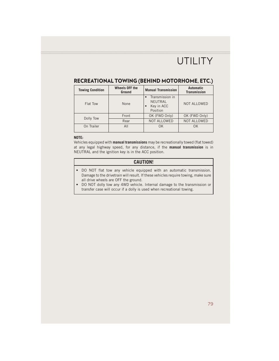 Recreational towing (behind motorhome, etc.), Utility, Caution | Jeep 2014 Compass - User Guide User Manual | Page 81 / 124