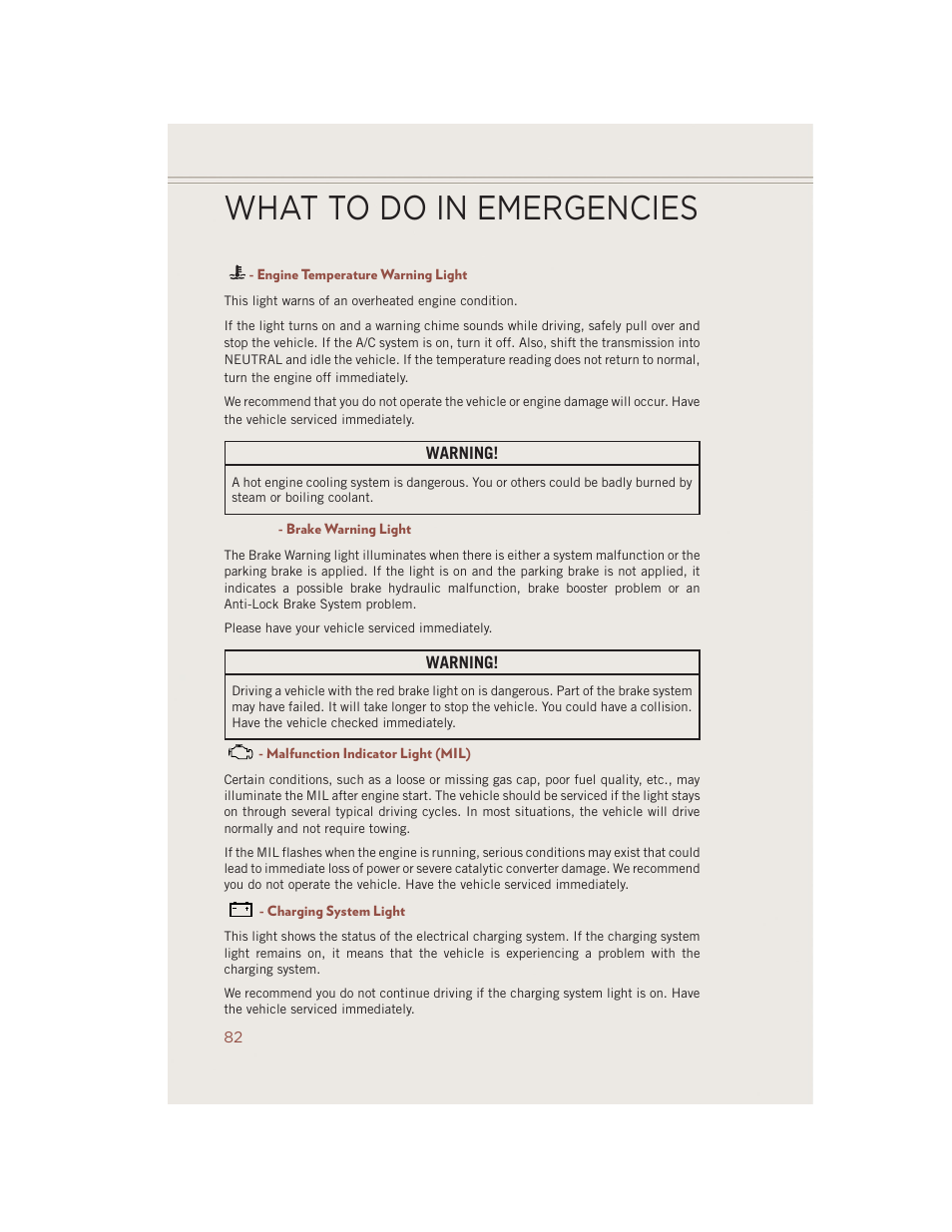 Engine temperature warning light, Brake warning light, Malfunction indicator light (mil) | Charging system light, What to do in emergencies | Jeep 2014 Compass - User Guide User Manual | Page 84 / 124