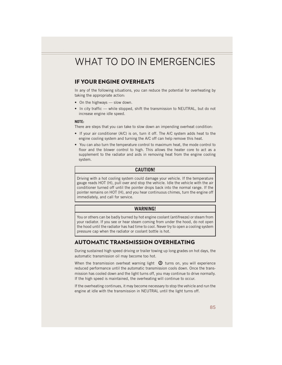 If your engine overheats, Automatic transmission overheating, What to do in emergencies | Jeep 2014 Compass - User Guide User Manual | Page 87 / 124