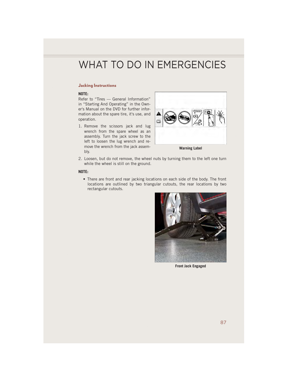 Jacking instructions, What to do in emergencies | Jeep 2014 Compass - User Guide User Manual | Page 89 / 124