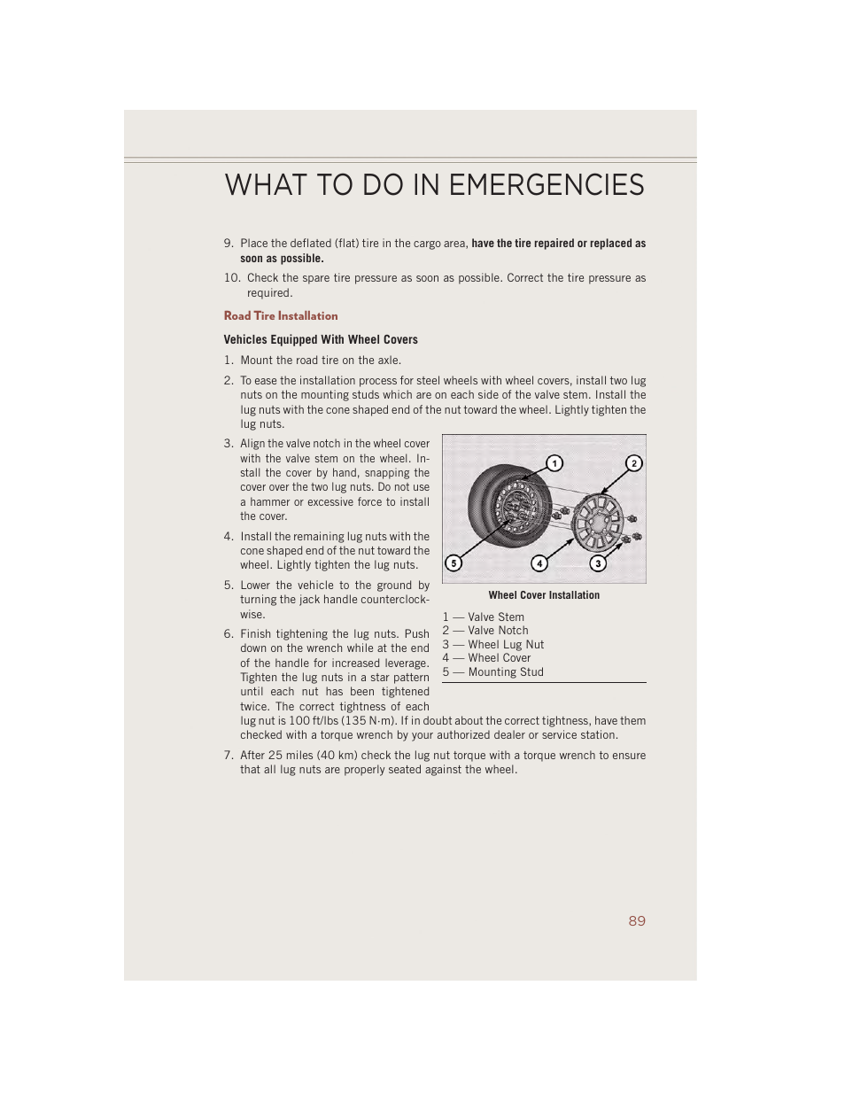 Road tire installation, What to do in emergencies | Jeep 2014 Compass - User Guide User Manual | Page 91 / 124