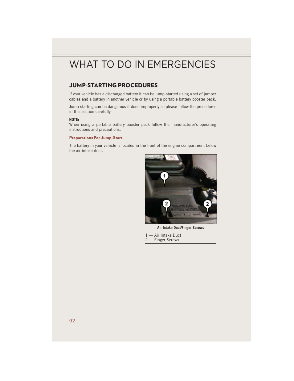 Jump-starting procedures, Preparations for jump-start, What to do in emergencies | Jeep 2014 Compass - User Guide User Manual | Page 94 / 124