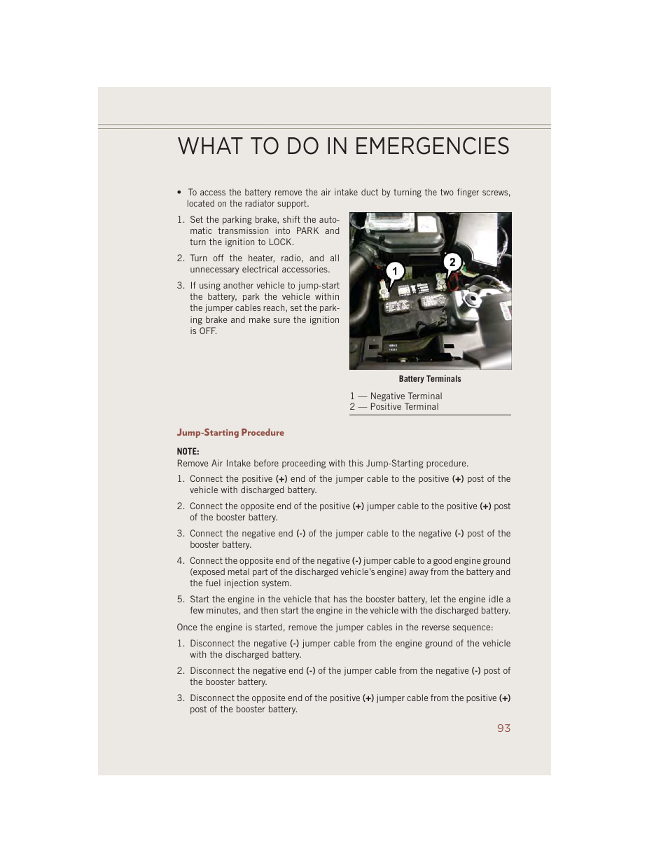 Jump-starting procedure, What to do in emergencies | Jeep 2014 Compass - User Guide User Manual | Page 95 / 124