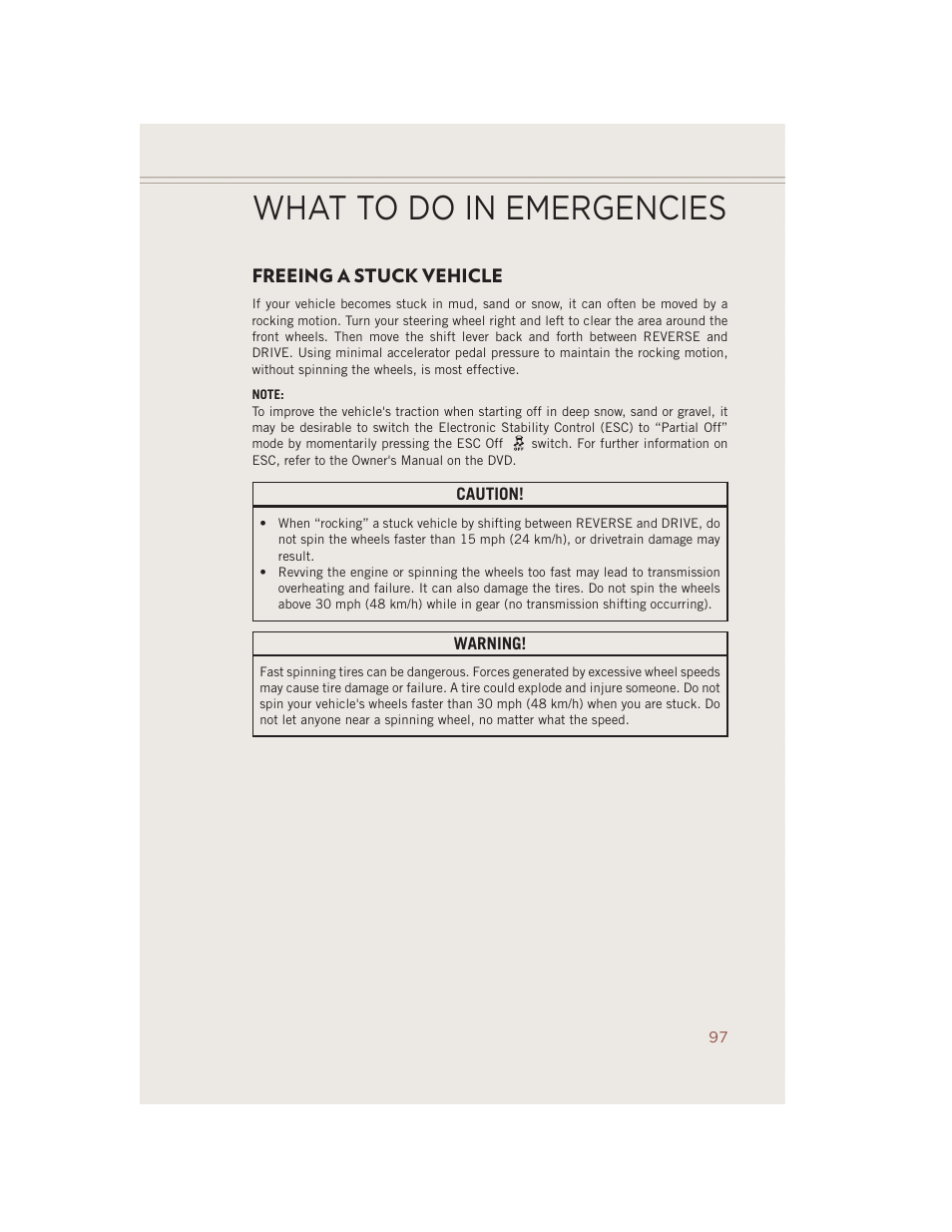 Freeing a stuck vehicle, What to do in emergencies | Jeep 2014 Compass - User Guide User Manual | Page 99 / 124