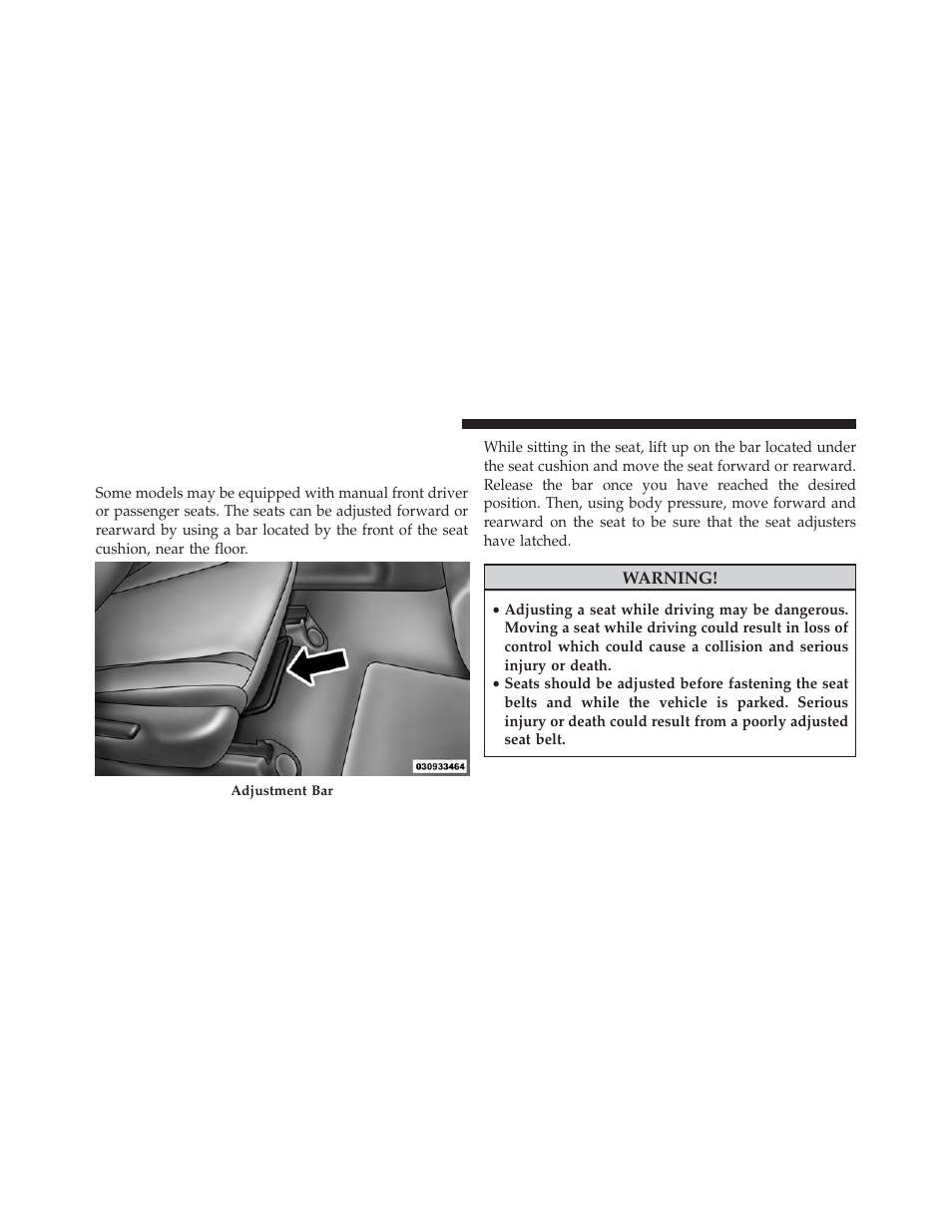 Manual front seats forward/rearward adjustment, Manual front seats forward/rearward, Adjustment | Jeep 2014 Grand Cherokee - Owner Manual User Manual | Page 146 / 674