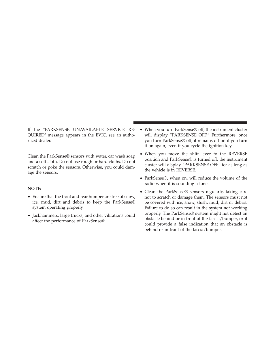 Cleaning the parksense® system, Parksense® system usage precautions | Jeep 2014 Grand Cherokee - Owner Manual User Manual | Page 232 / 674