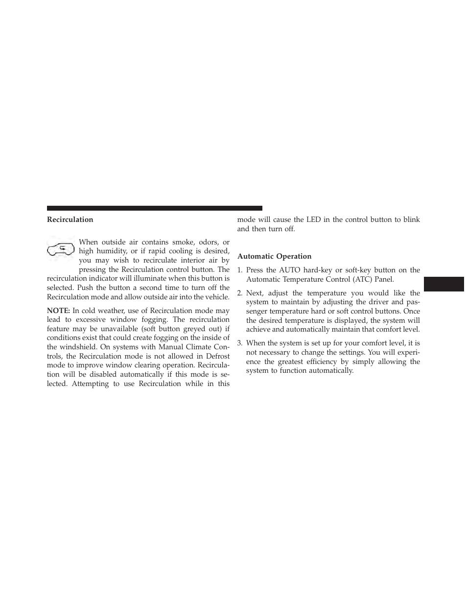 Recirculation, Automatic temperature control (atc), Automatic operation | Jeep 2014 Grand Cherokee - Owner Manual User Manual | Page 385 / 674