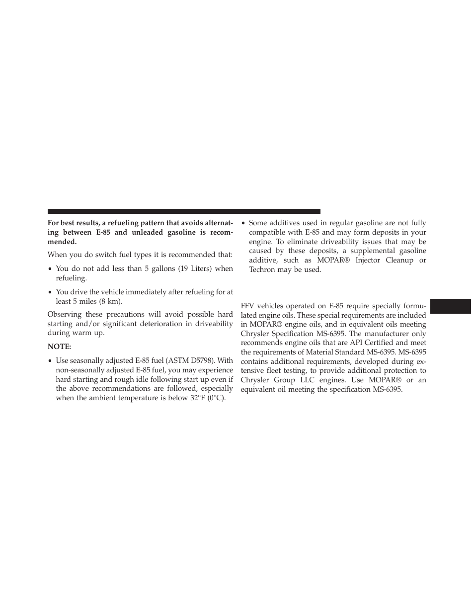 Selection of engine oil for flexible fuel vehicles, E-85) and gasoline vehicles | Jeep 2014 Grand Cherokee - Owner Manual User Manual | Page 507 / 674