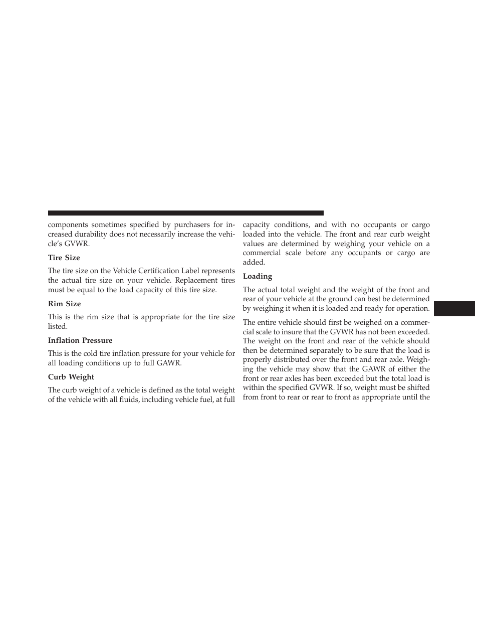 Tire size, Rim size, Inflation pressure | Curb weight, Loading | Jeep 2014 Grand Cherokee - Owner Manual User Manual | Page 513 / 674