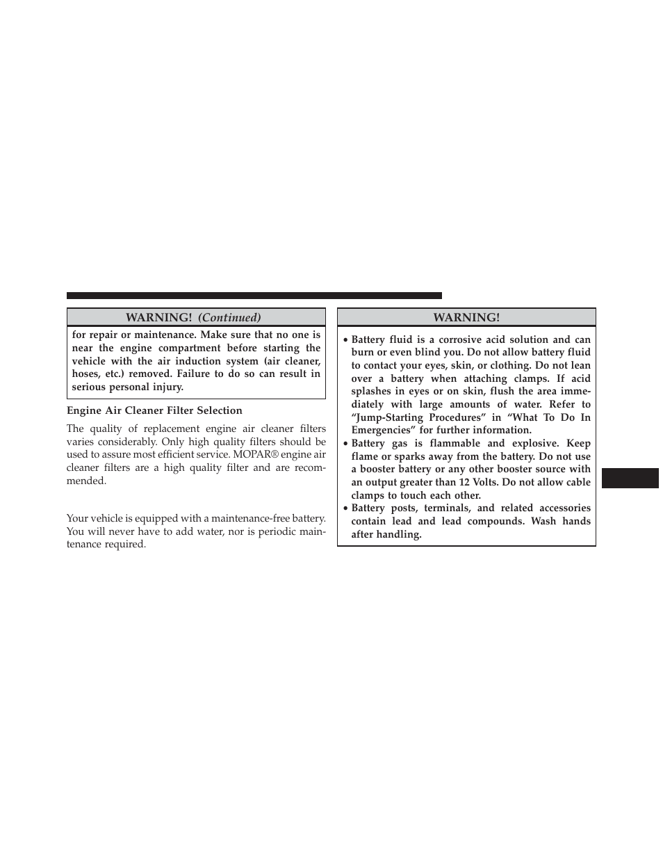Engine air cleaner filter selection, Maintenance-free battery | Jeep 2014 Grand Cherokee - Owner Manual User Manual | Page 581 / 674