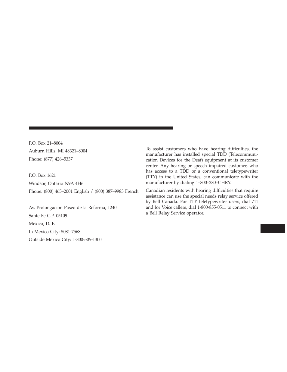 Chrysler group llc customer center, Chrysler canada inc. customer center, In mexico contact | Customer assistance for the hearing or speech, Impaired (tdd/tty) | Jeep 2014 Grand Cherokee - Owner Manual User Manual | Page 645 / 674