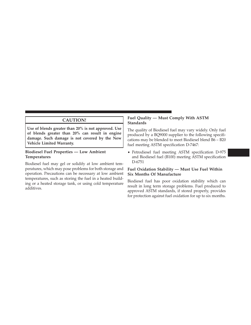 Fuel quality — must comply with astm standards | Jeep 2014 Grand Cherokee - Diesel Supplement User Manual | Page 49 / 118