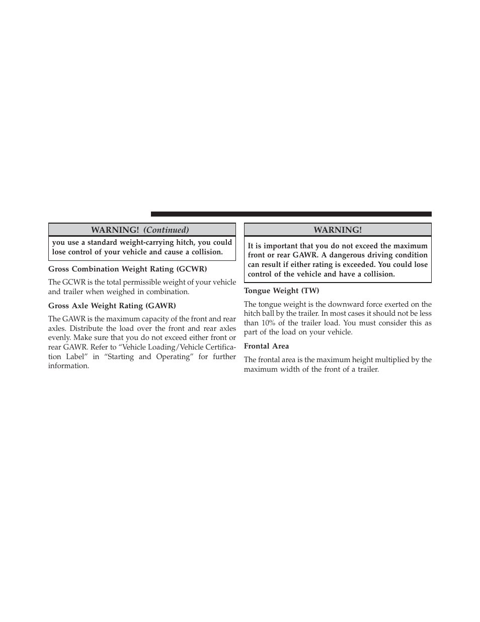 Gross combination weight rating (gcwr), Gross axle weight rating (gawr), Tongue weight (tw) | Frontal area | Jeep 2014 Grand Cherokee - Diesel Supplement User Manual | Page 52 / 118