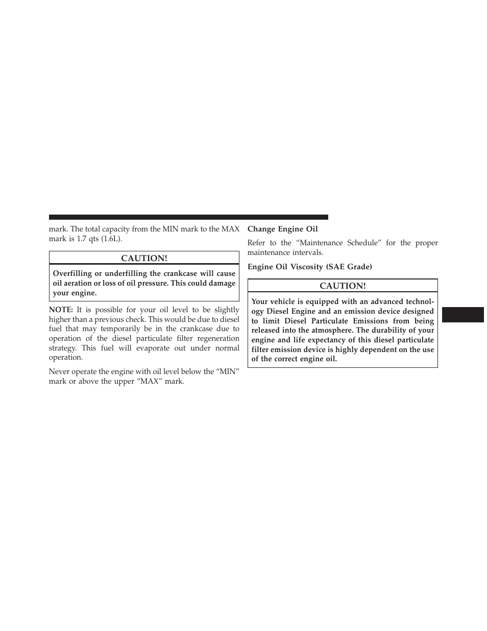 Change engine oil, Engine oil viscosity (sae grade) | Jeep 2014 Grand Cherokee - Diesel Supplement User Manual | Page 77 / 118