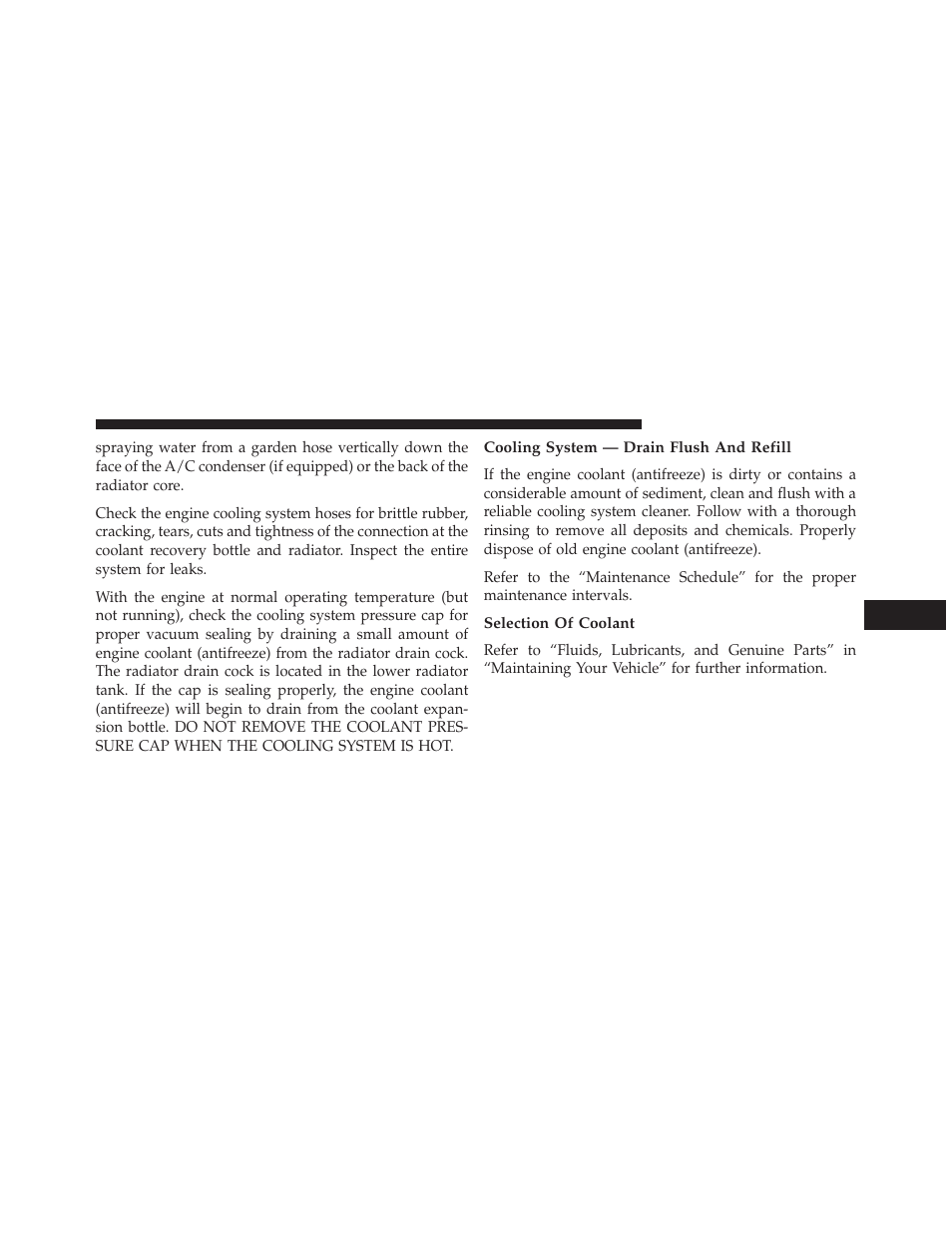 Cooling system — drain flush and refill, Selection of coolant | Jeep 2014 Grand Cherokee - Diesel Supplement User Manual | Page 89 / 118