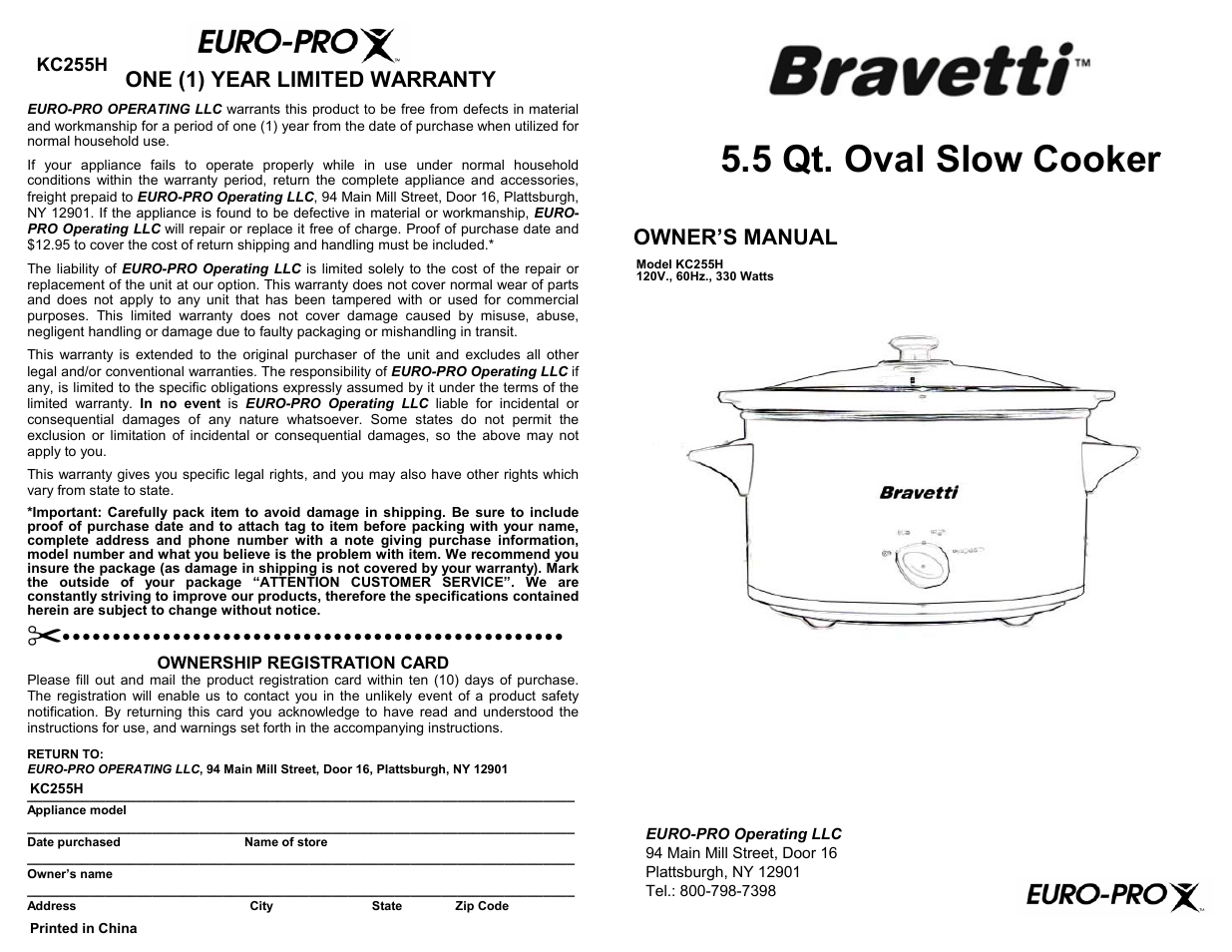 Bravetti EURO-PRO KC255H User Manual | 6 pages