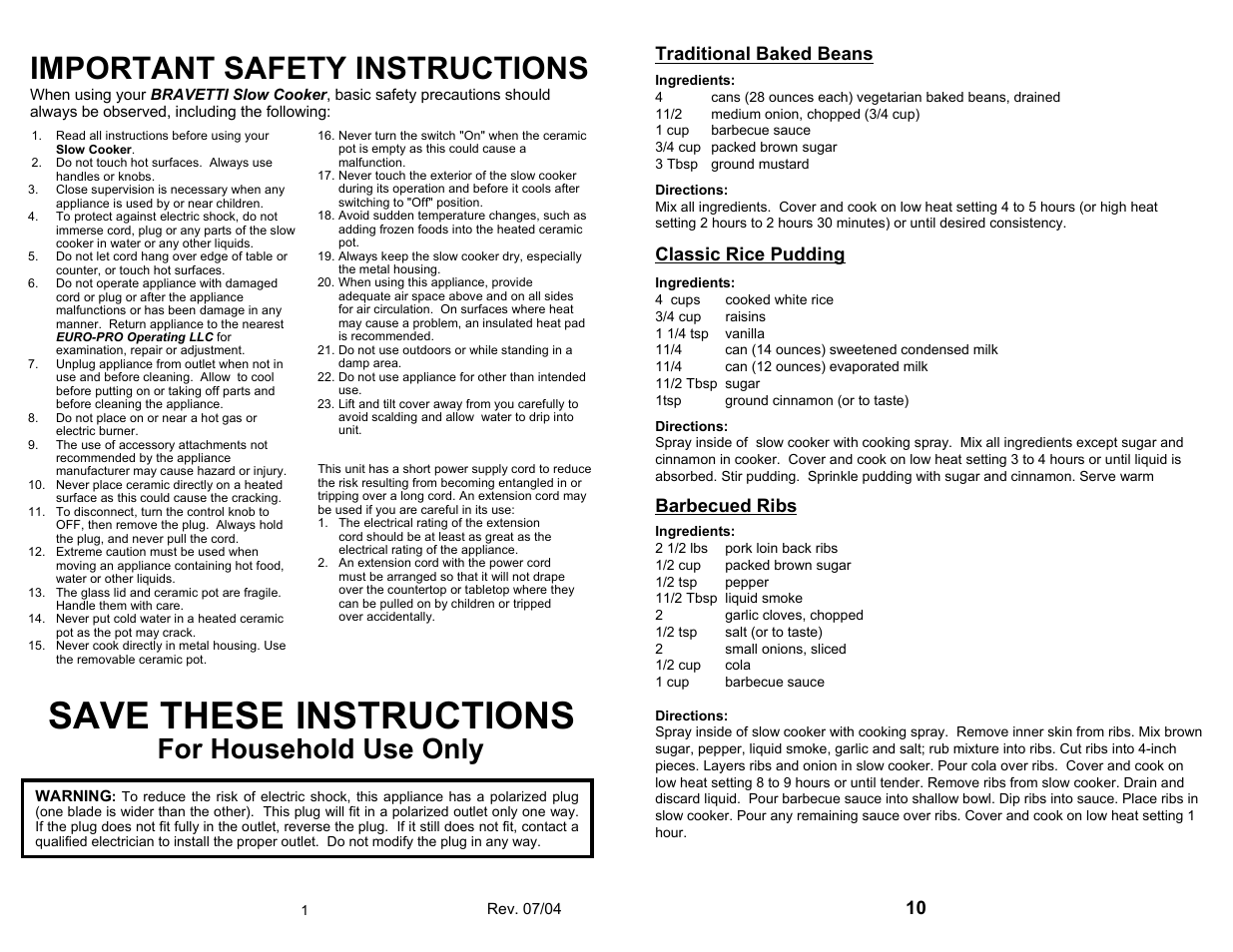 Save these instructions, Important safety instructions, For household use only | Traditional baked beans, Classic rice pudding, Barbecued ribs | Bravetti EURO-PRO KC255H User Manual | Page 2 / 6