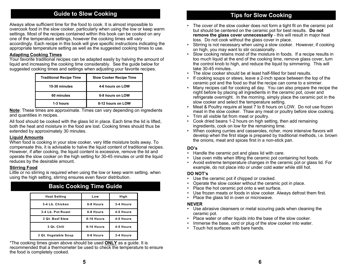 Basic cooking time guide, Guide to slow cooking tips for slow cooking | Bravetti EURO-PRO KC255H User Manual | Page 6 / 6