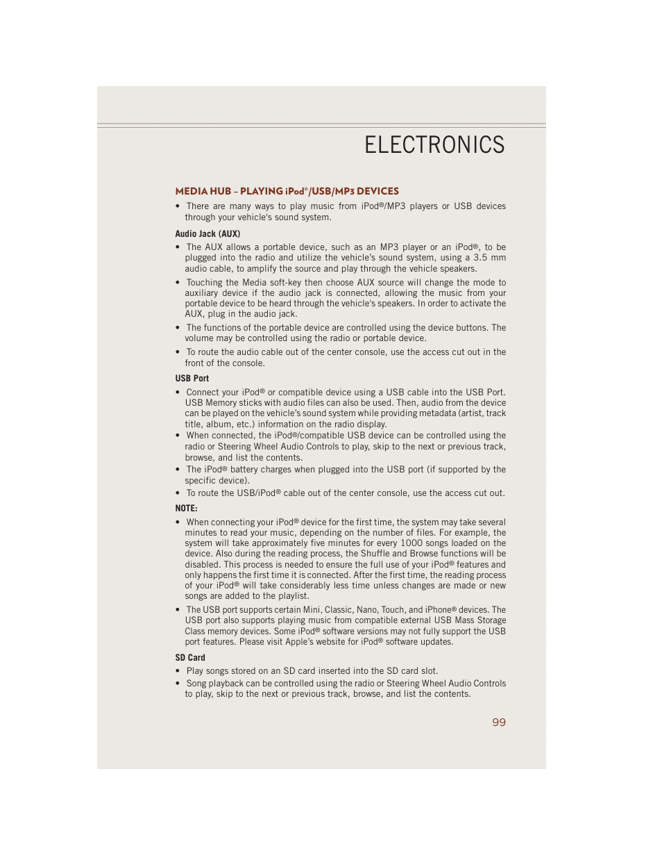 Media hub – playing ipod®/usb/mp3 devices, Electronics | Jeep 2014 Grand Cherokee SRT - User Guide User Manual | Page 101 / 220