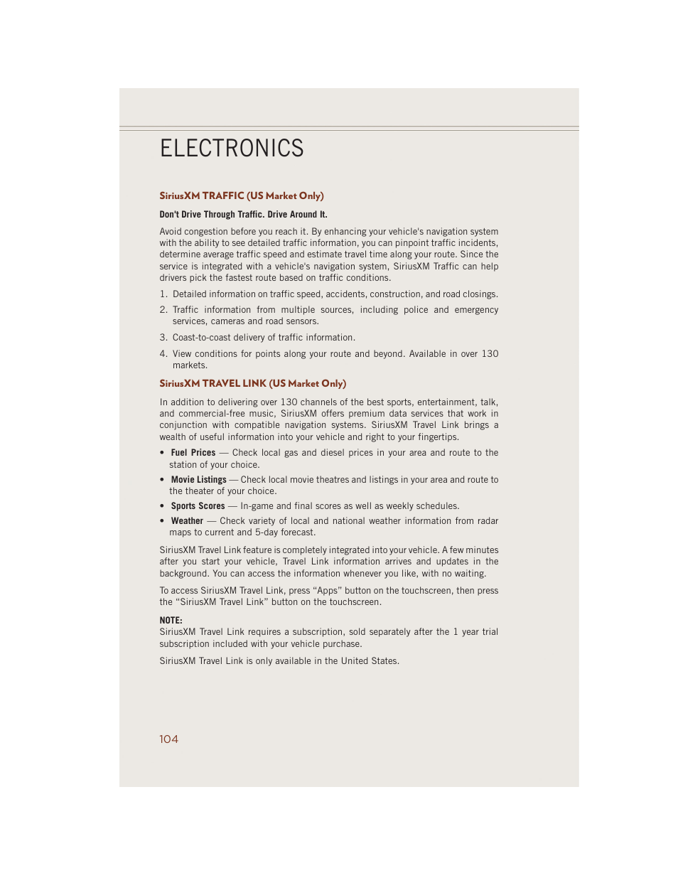 Siriusxm traffic (us market only), Siriusxm travel link (us market only), Electronics | Jeep 2014 Grand Cherokee SRT - User Guide User Manual | Page 106 / 220