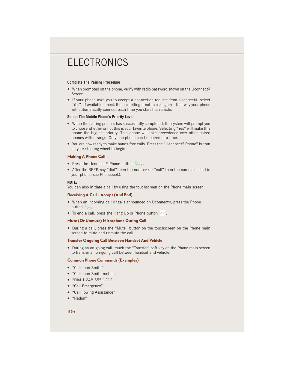 Making a phone call, Receiving a call – accept (and end), Mute (or unmute) microphone during call | Transfer ongoing call between handset and vehicle, Common phone commands (examples), Electronics | Jeep 2014 Grand Cherokee SRT - User Guide User Manual | Page 108 / 220