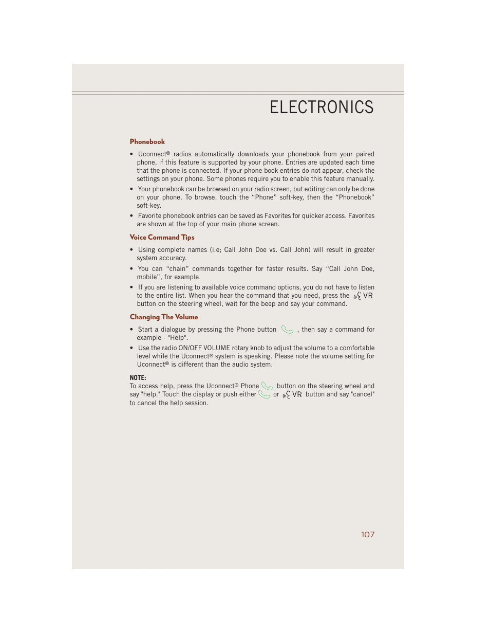 Phonebook, Voice command tips, Changing the volume | Electronics | Jeep 2014 Grand Cherokee SRT - User Guide User Manual | Page 109 / 220