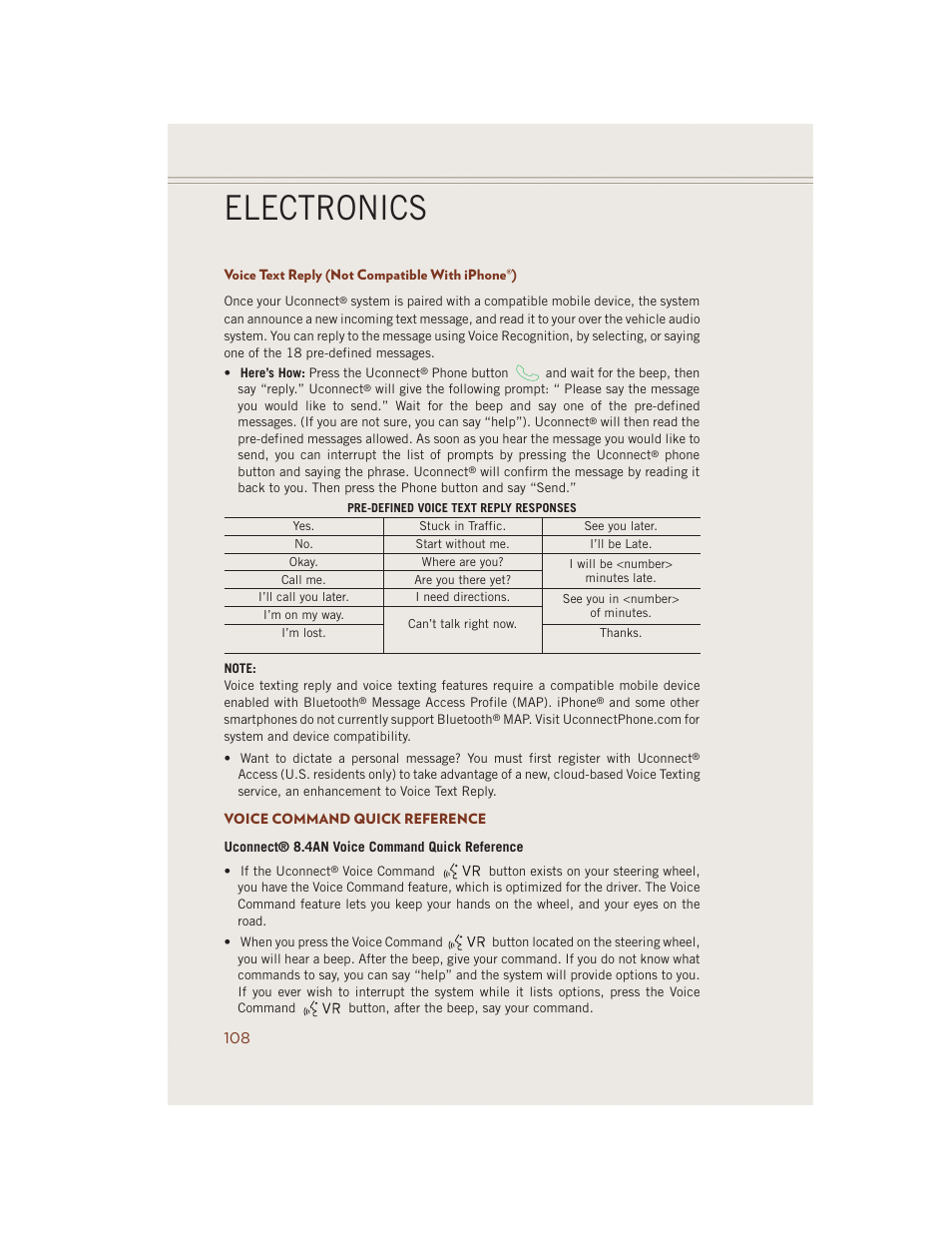 Voice text reply (not compatible with iphone®), Voice command quick reference, Electronics | Jeep 2014 Grand Cherokee SRT - User Guide User Manual | Page 110 / 220