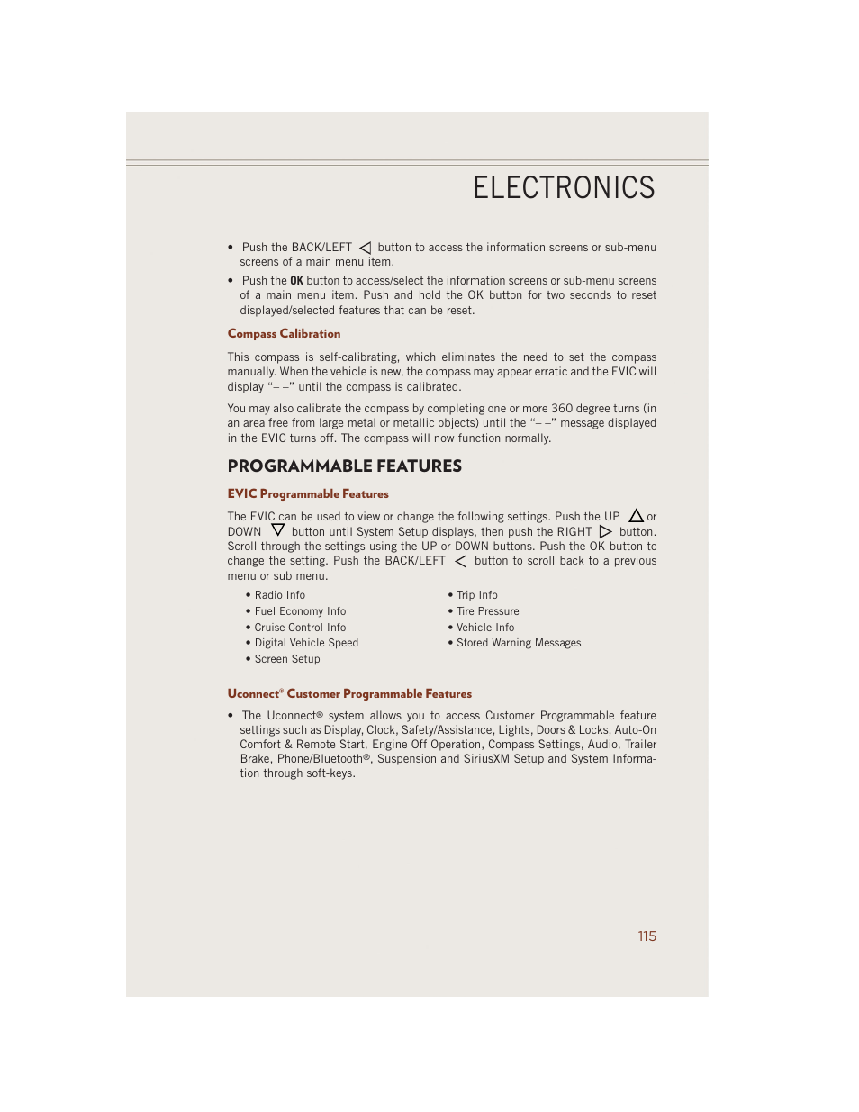 Compass calibration, Programmable features, Evic programmable features | Uconnect® customer programmable features, Electronics | Jeep 2014 Grand Cherokee SRT - User Guide User Manual | Page 117 / 220