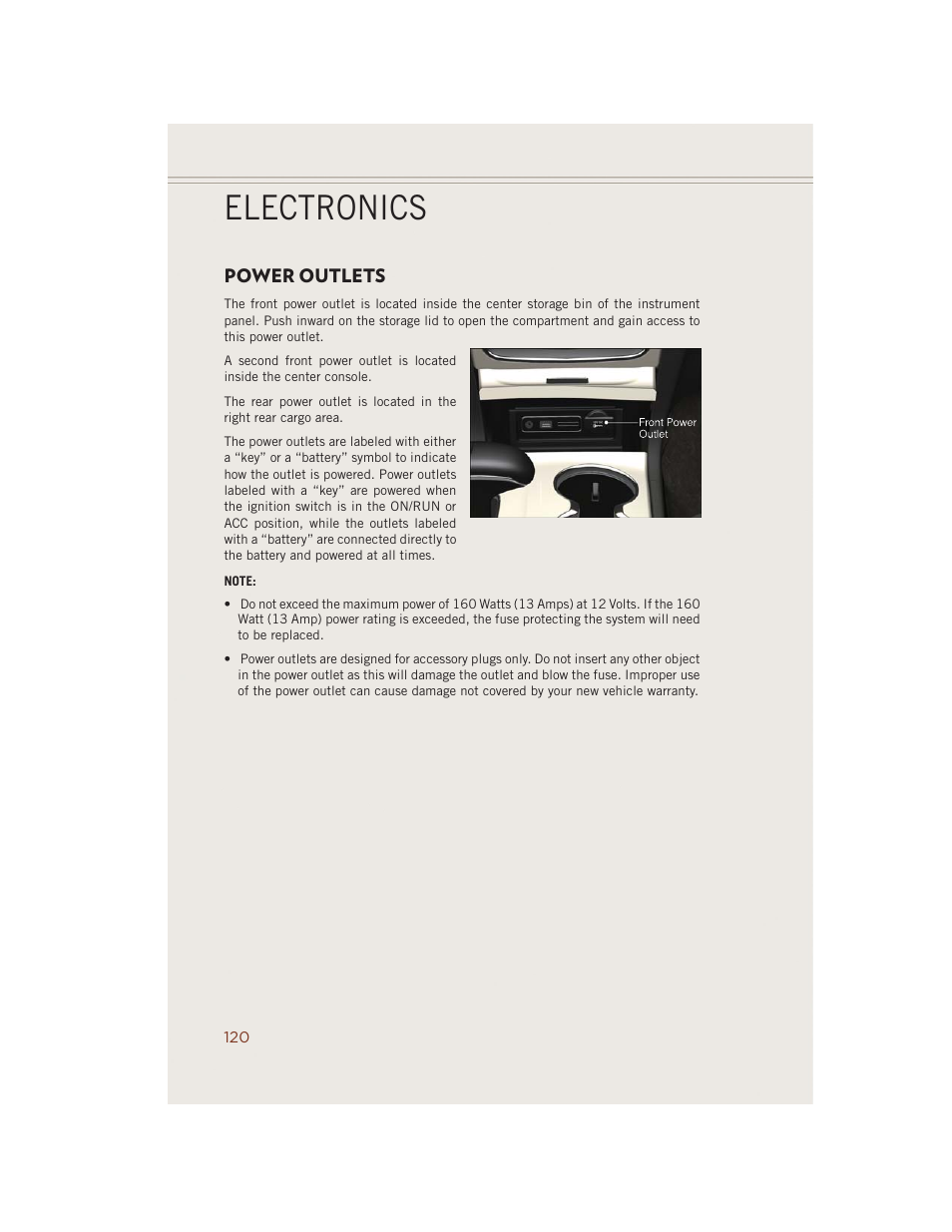 Power outlets, Electronics | Jeep 2014 Grand Cherokee SRT - User Guide User Manual | Page 122 / 220