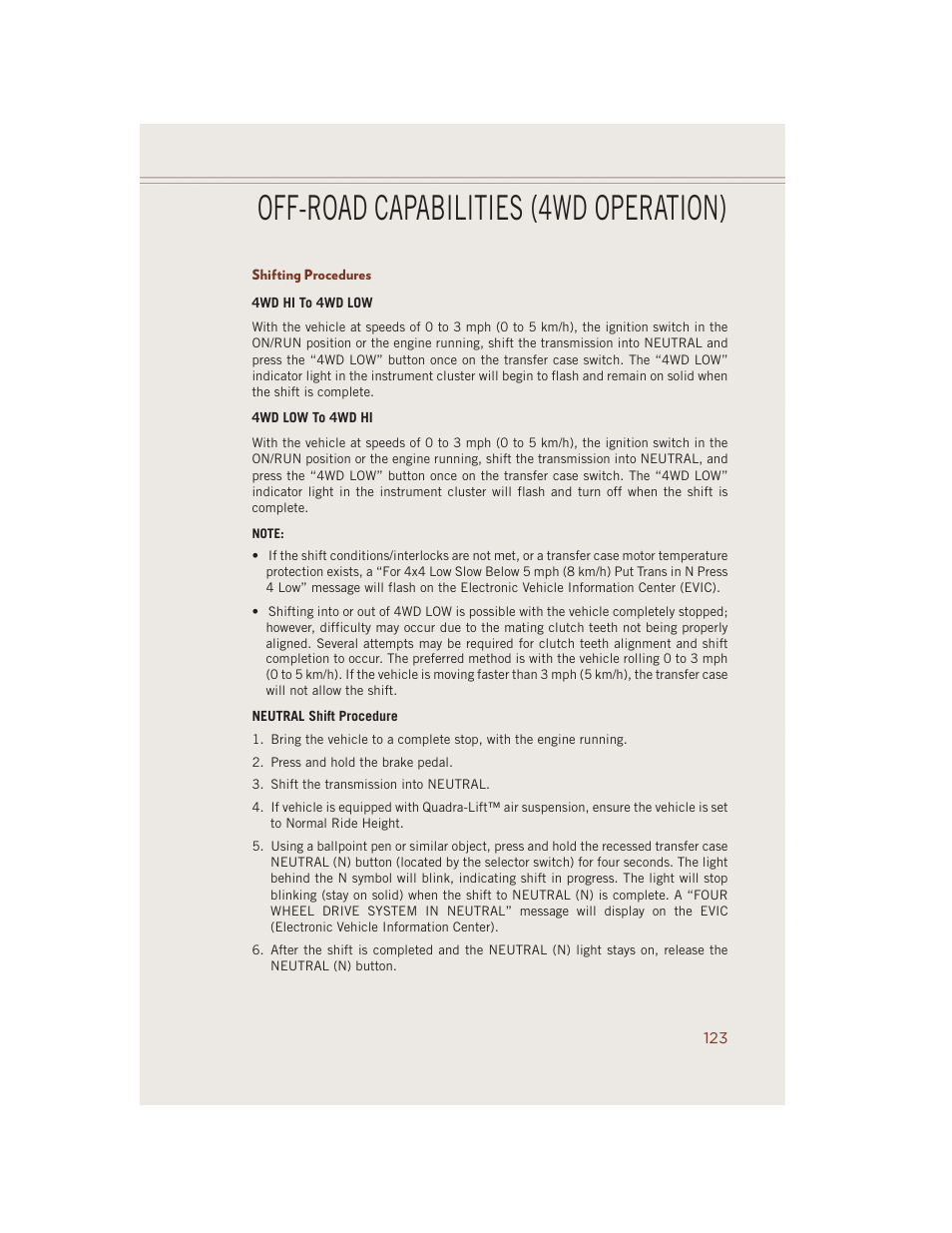 Shifting procedures, Off-road capabilities (4wd operation) | Jeep 2014 Grand Cherokee SRT - User Guide User Manual | Page 125 / 220