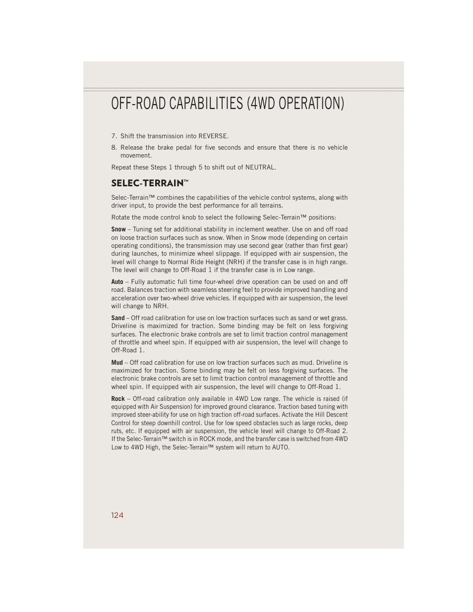 Selec-terrain, Off-road capabilities (4wd operation) | Jeep 2014 Grand Cherokee SRT - User Guide User Manual | Page 126 / 220