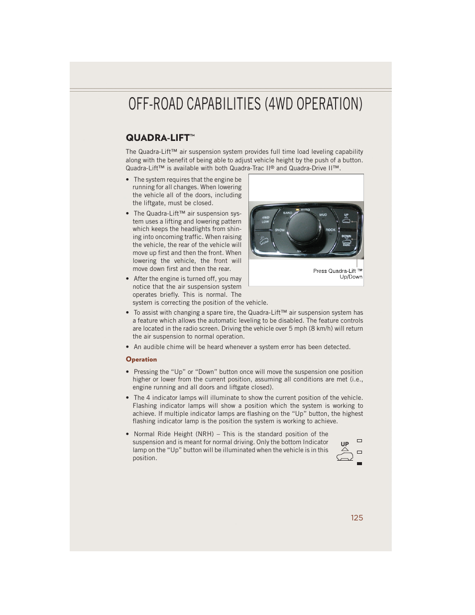Quadra-lift, Operation, Off-road capabilities (4wd operation) | Jeep 2014 Grand Cherokee SRT - User Guide User Manual | Page 127 / 220