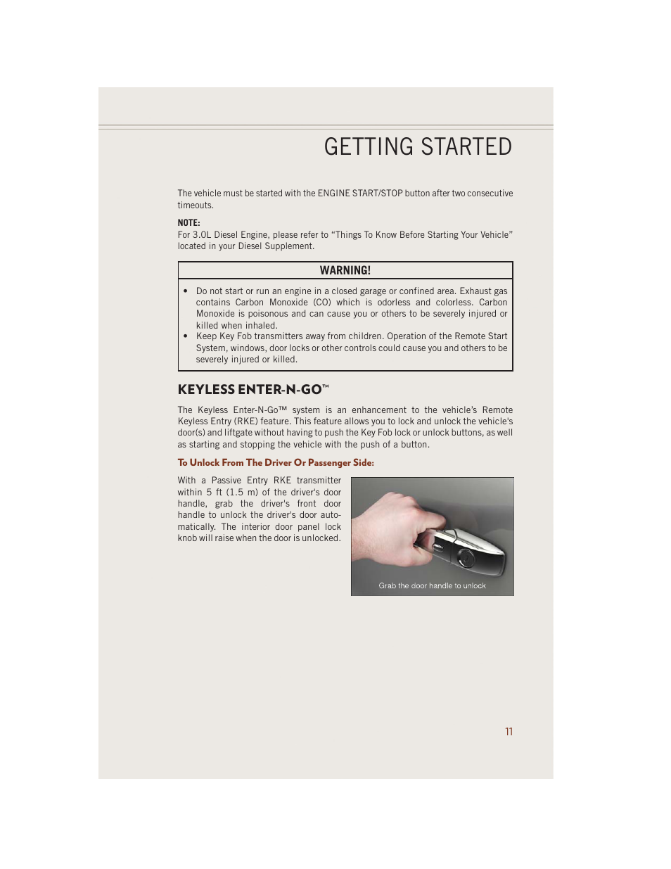 Keyless enter-n-go, To unlock from the driver or passenger side, Getting started | Jeep 2014 Grand Cherokee SRT - User Guide User Manual | Page 13 / 220