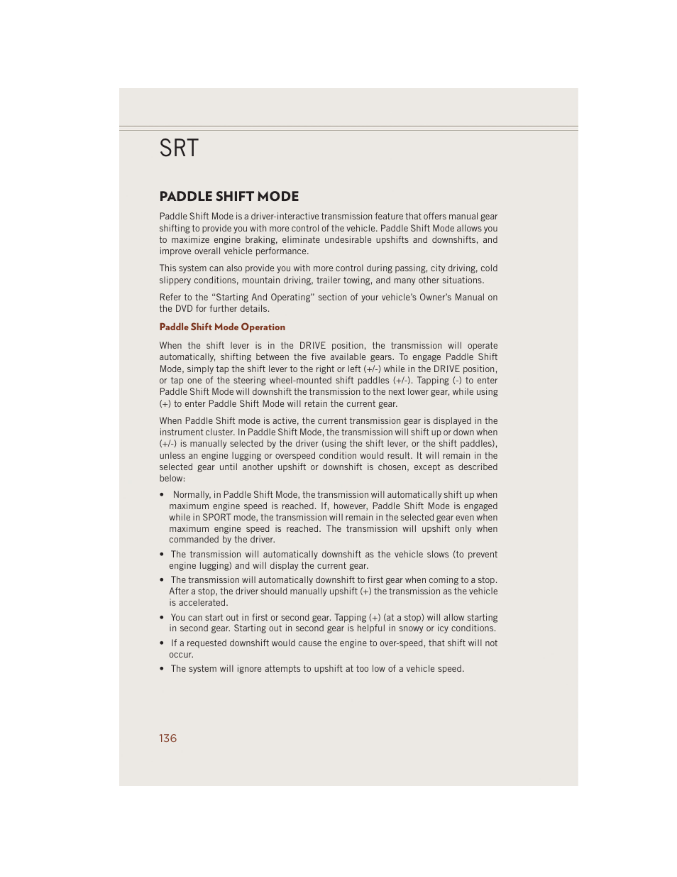 Paddle shift mode, Paddle shift mode operation | Jeep 2014 Grand Cherokee SRT - User Guide User Manual | Page 138 / 220