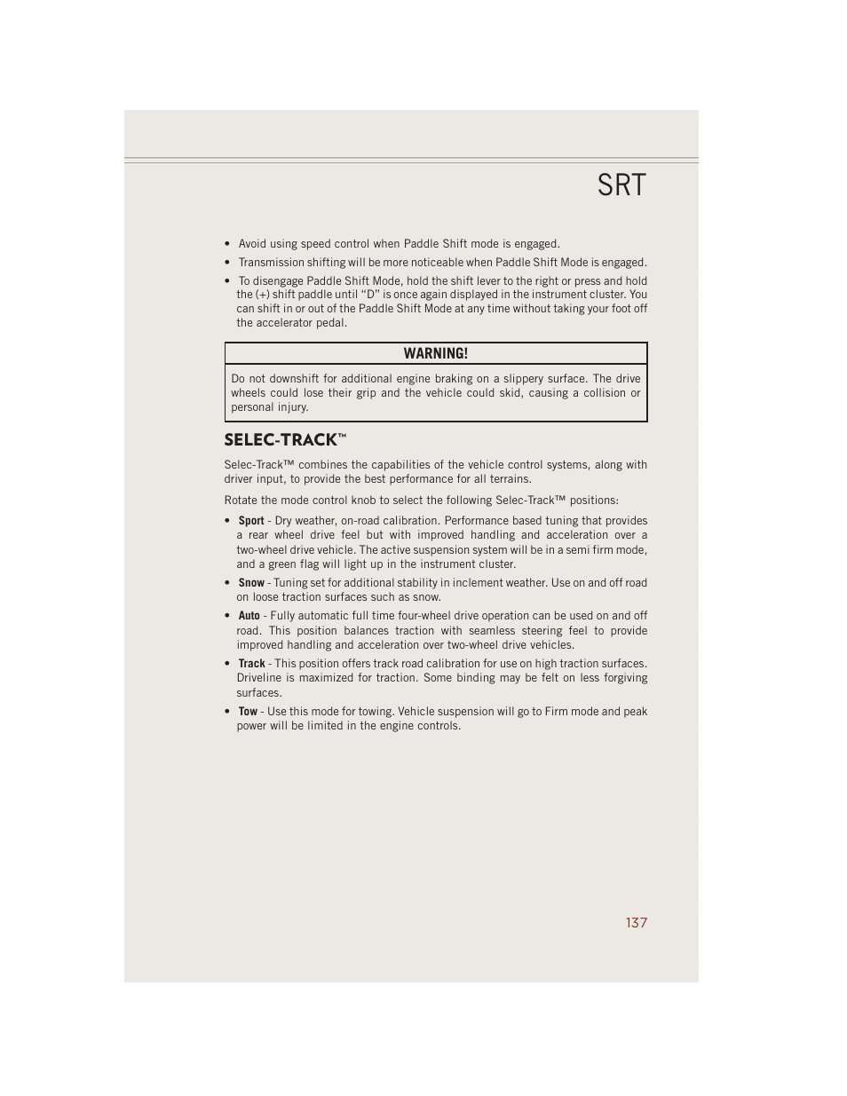 Selec-track | Jeep 2014 Grand Cherokee SRT - User Guide User Manual | Page 139 / 220