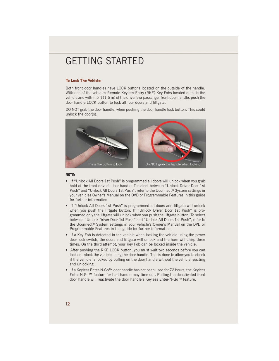 To lock the vehicle, Getting started | Jeep 2014 Grand Cherokee SRT - User Guide User Manual | Page 14 / 220