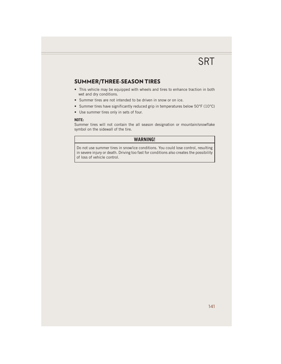 Summer/three-season tires | Jeep 2014 Grand Cherokee SRT - User Guide User Manual | Page 143 / 220