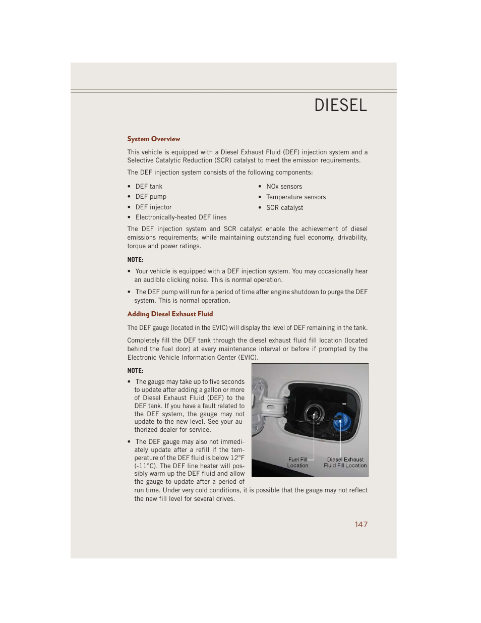 System overview, Adding diesel exhaust fluid, Diesel | Jeep 2014 Grand Cherokee SRT - User Guide User Manual | Page 149 / 220